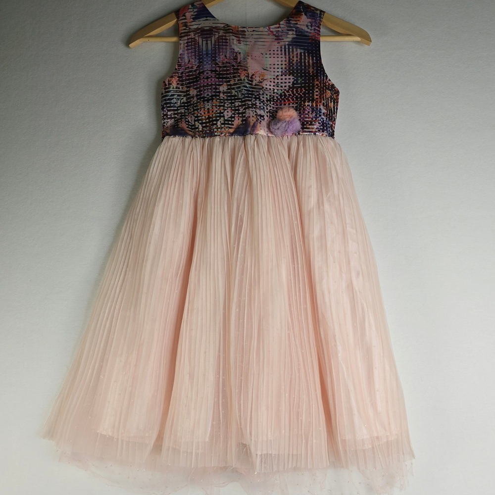 Dorissa Girls Size 8 Abstract Print Tulle Pleated Party Dress Pink 17H8349